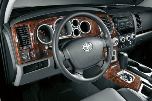A Toyota Sequoia with burl wood grain dash kit